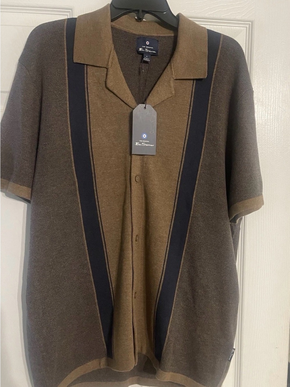 Ben Sherman Brown & Black Short-Sleeve Button-Down Knit Camp Shirt